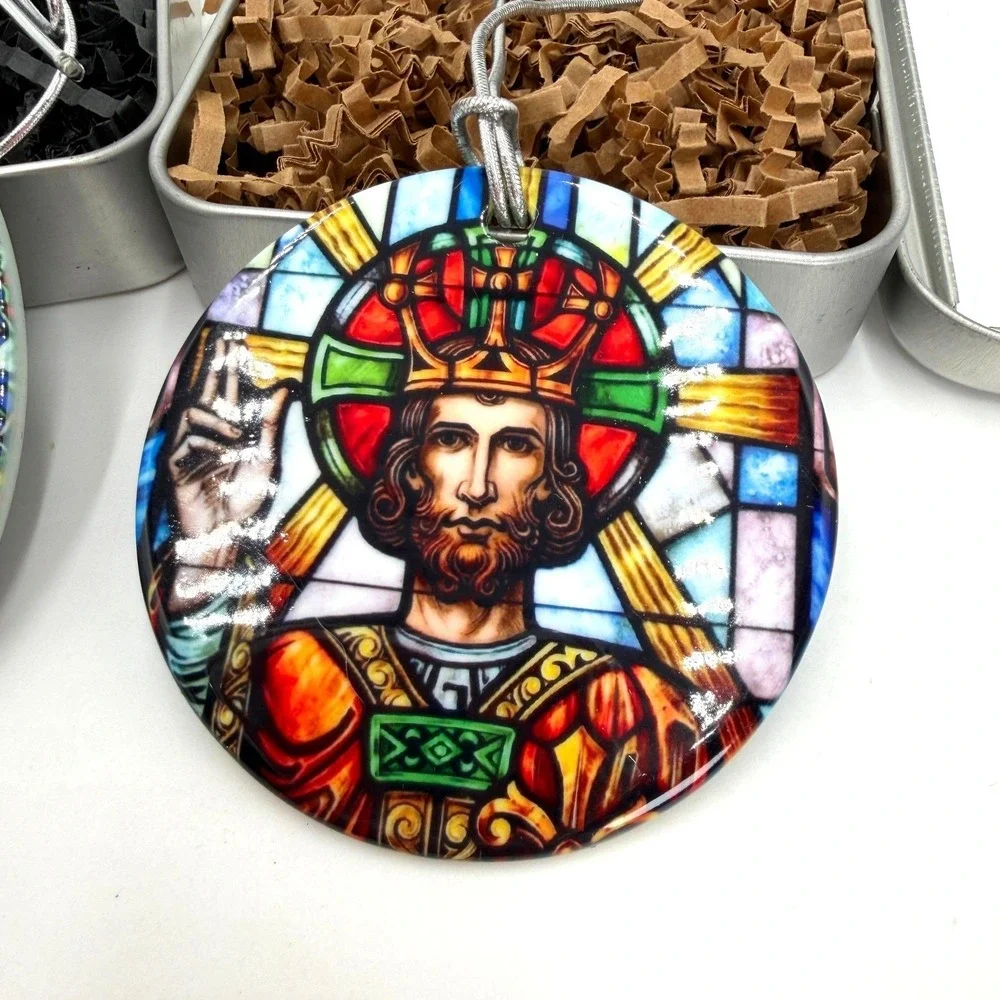 Set of 2 Religious Stained Glass Style Jesus Christ Nativity Ornaments with Tins